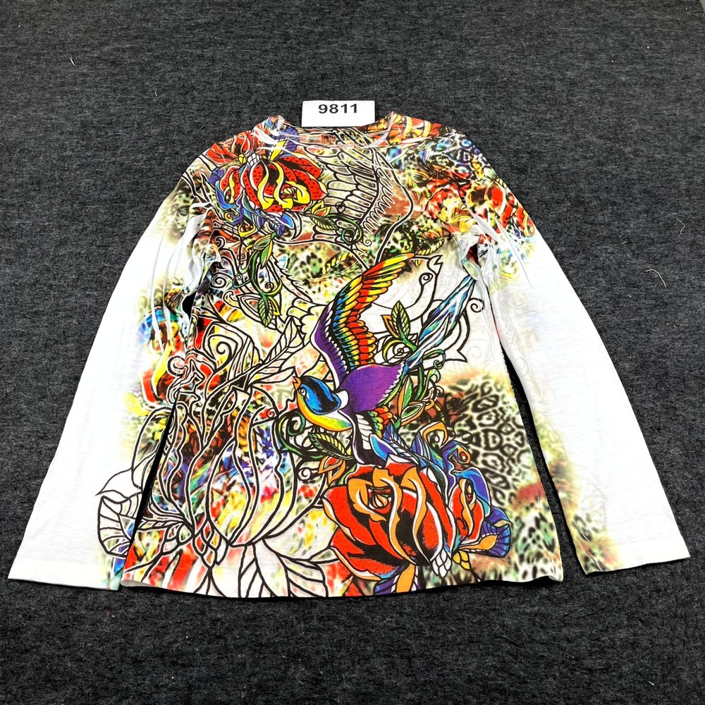 Next Era Couture Blouse Top Women's Medium Multicolor Tattoo Print Long Sleeve